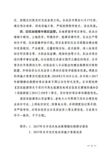 江蘇省2017年1205MW新增光伏電站規模和組織編制實施方案的通知