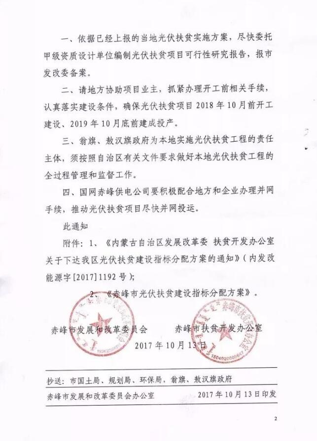 內蒙古赤峰市下達2017年160MW光伏扶貧建設指標分配方案