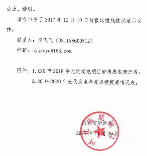 頭條！河北能源局發布《關于對2018-2020年光伏發電項目建設規模進行摸底工作的通知》