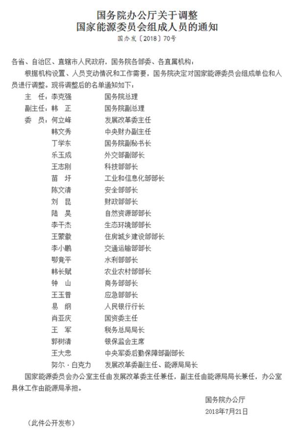 國家能源委員會組成人員調整:李克強任主任 韓正任副主任