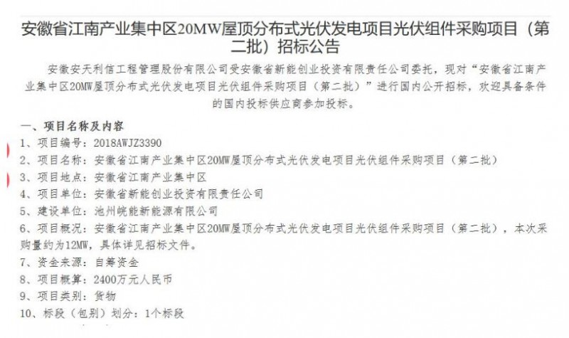 最低1.485元/W！安徽江南產業集中區分布式20MW光伏組件中標公告